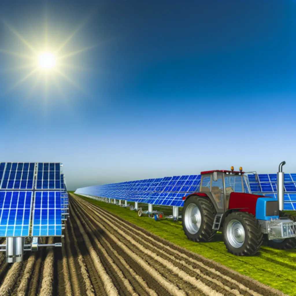 Zonnepanelen naast een tractor op de boerderij