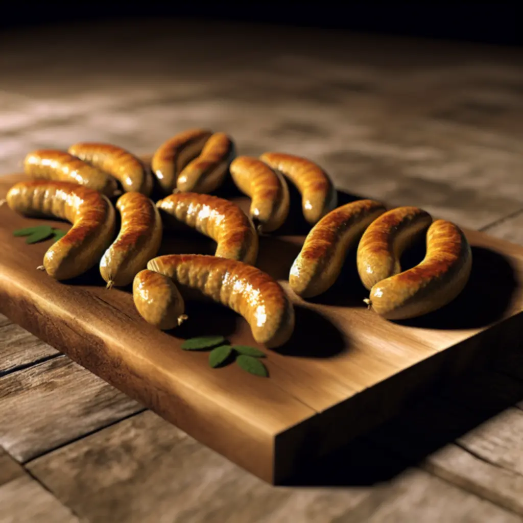 Ambachtelijke kipworsten op houten plank