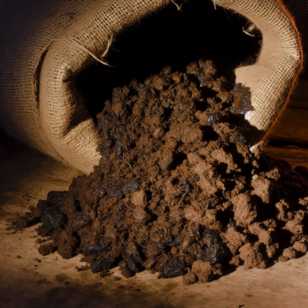 Rijke, donkere boerderijcompost in een jutezak