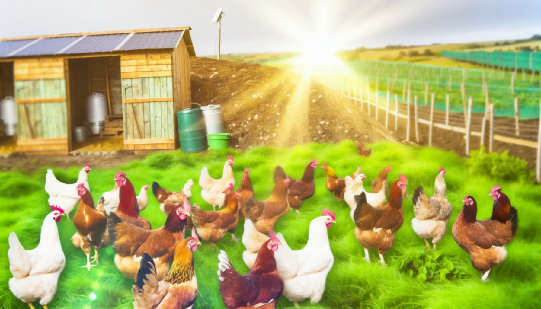 Vrije uitloopkippen in open weide