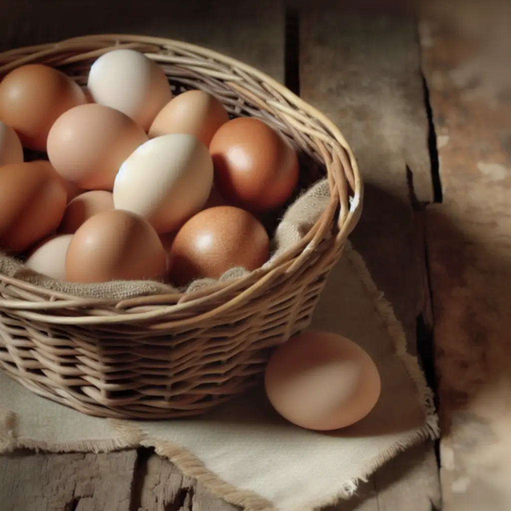 Mand met vers gelegde eieren op houten tafel