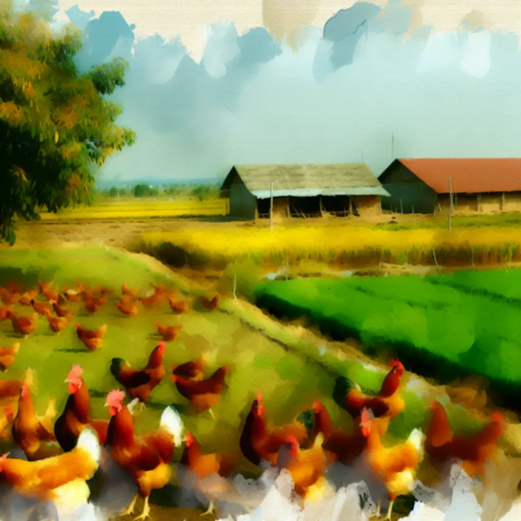 Brede overzichtsfoto van het landelijke boerderijlanschap met weiden en kippen