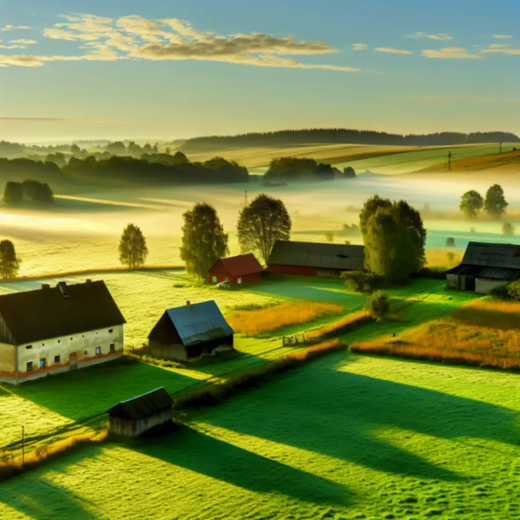 Poolse boerderij in het ochtendlicht met groene velden en boomrij