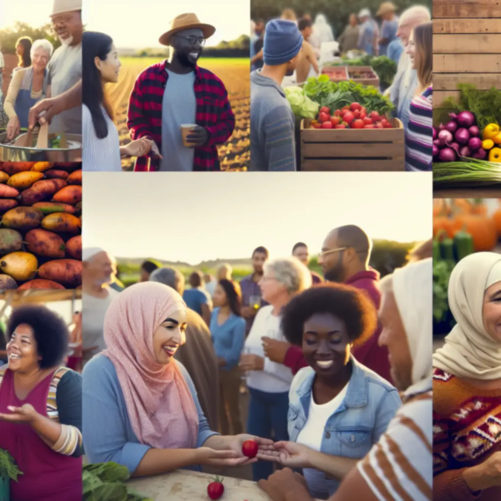 Vriendelijke boerderijsfeer met mensen die in gesprek zijn bij de kippenren