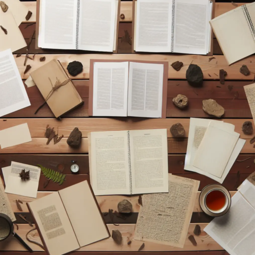 Rapporten en notities op een houten tafel met een mok thee, natuurlijke stijl