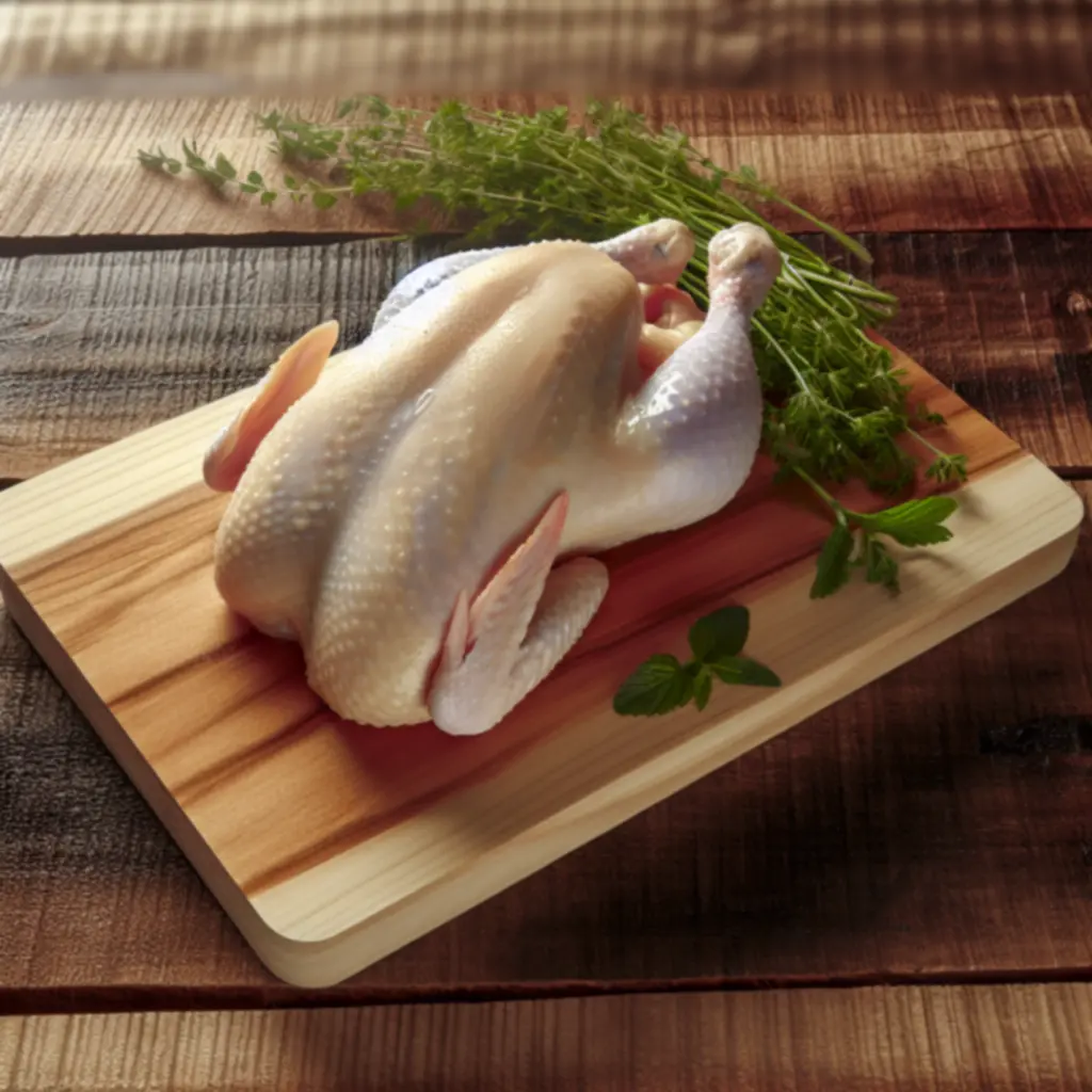 Gekoelde hele biologische kip op een houten plank